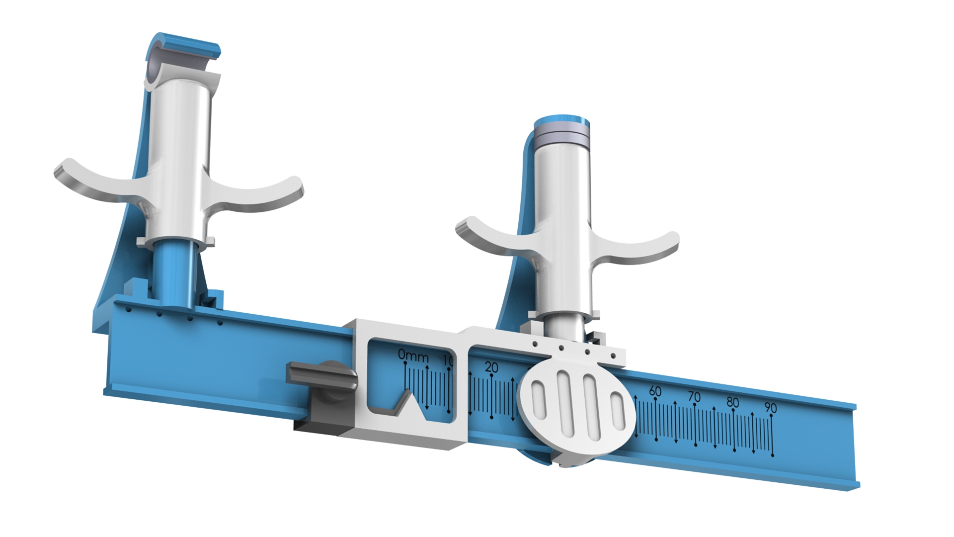 A blue and white device is connected to a ruler.