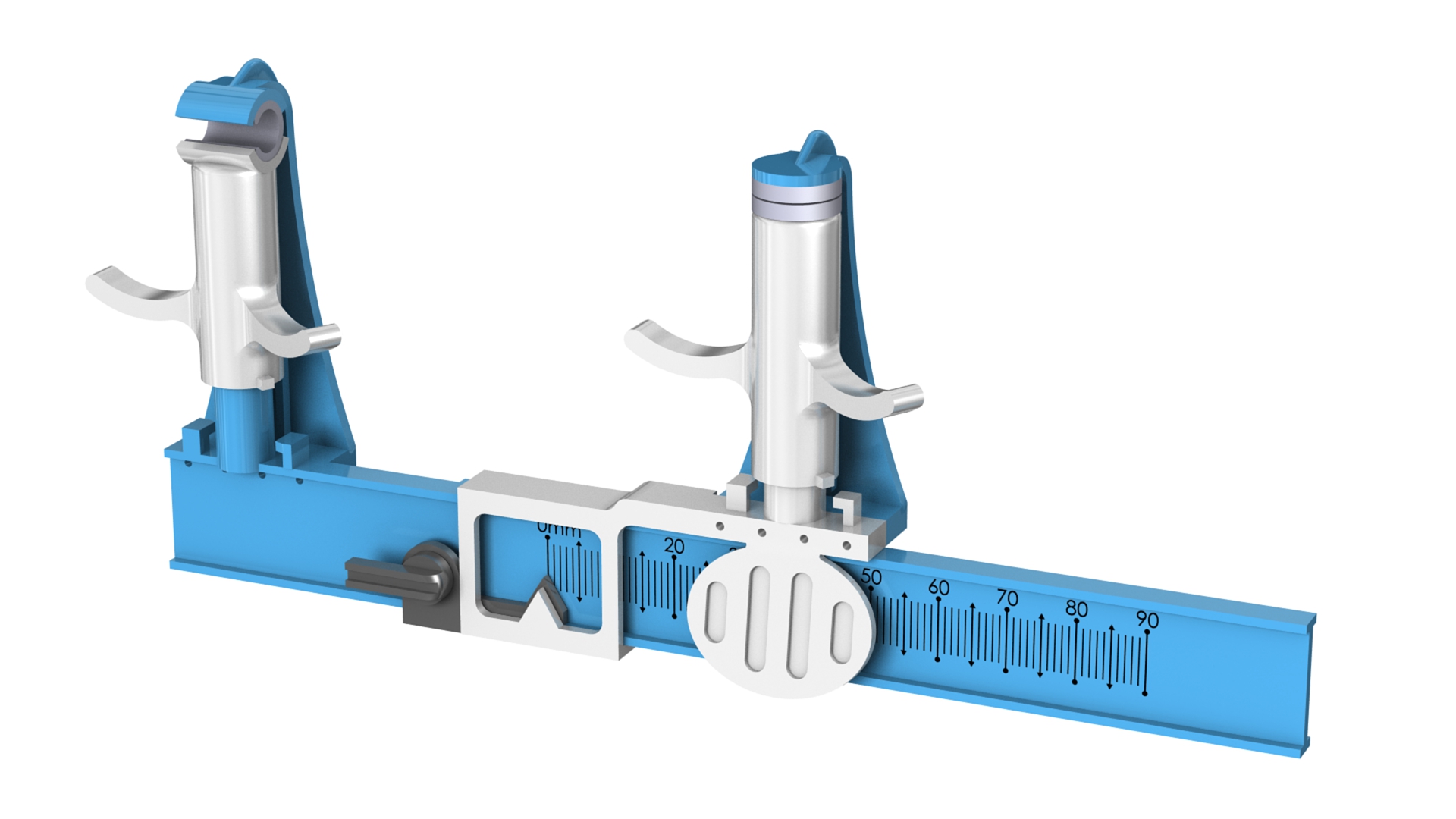 A blue and white measuring device with some rulers